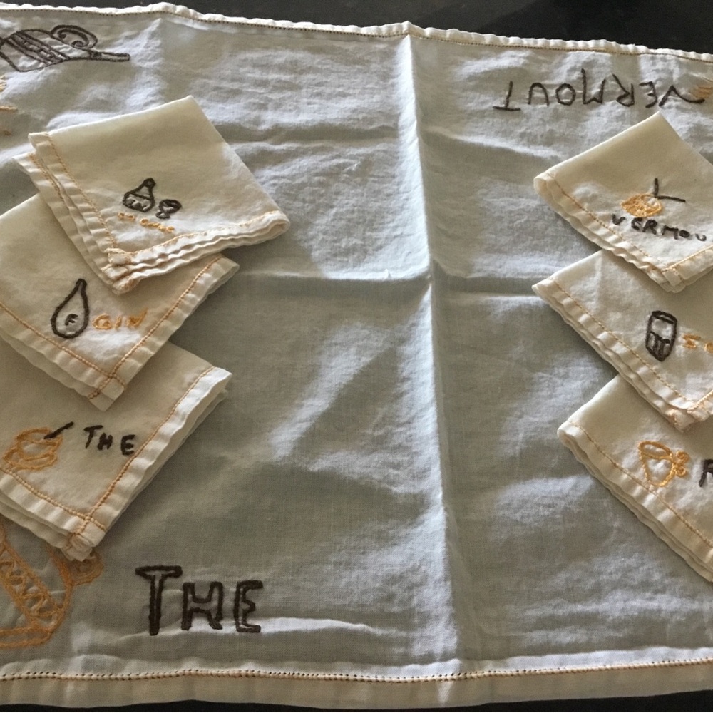 Cocktail Napkins and Tablecloth Set. Hand Embroidered. Vintage